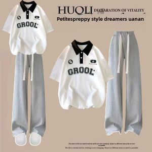 Bộ Đồ Hai Mảnh Tay Ngắn Thường Ngày Mùa Hè Cho Bé Gái Trung Học Cơ Sở 12-15 Tuổi Quần Thể Thao Cotton Phong Cách Hàn Quốc