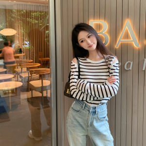 Juicecola Stripes off-the-Shoulder Knitting Long Sleeves T-Shirt Womens Early Autumn Easiest for Match Slimming Youthful-Looking Bottoming Shirt Tops