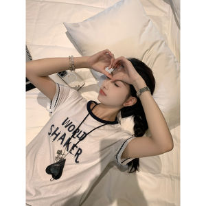 EKOOL Color Block Embroidery Letter Short Sleeve T-Shirt Women Summer Short Fit Slim round Neck Shoulder Appropriate Top