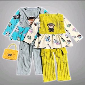 One set labubu anak perempuan setelan labubu viral bahan knit kombinasi baby Terry usia 1-8tahun set cek celana cargo