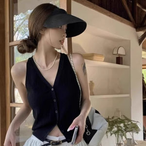 Black V-neck Ice Silk Knitted Vest Womens Summer Small Outwear Strappy Cardigan Silm Cinched Sleeveless Tops