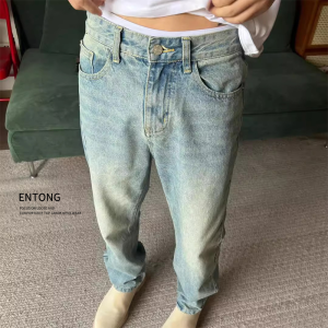 American High Street Cleanfit Style Mens Vintage Washed Loose Straight Leg Light Blue Versatile Jeans Casual Youthful Wear