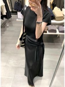 YUEZHONGWEI | Black Ice Silk Knitted Short Sleeve T-Shirt Women Summer Unique Beautiful Waist-Cinching Belt Design Sensation Top Shoulder