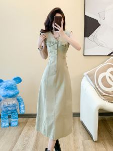 High Waist Slimming A-Line Dress French V-Neck Sleeveless Summer Long Skirt Elegant Cotton Polyester Gauze Pleat Button Zipper