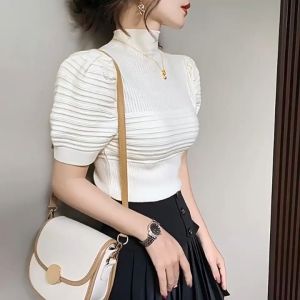 Half turtleneck knitted short-sleeved T-shirt for women in summer French sweet and spicy style fashionable and youthful puff sleeves beautiful small shirt top F1122
