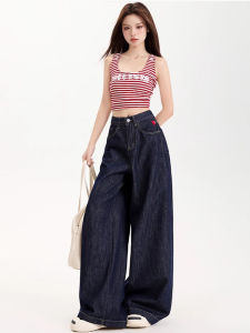 High Waist Slimming Draped Embroidered Denim Jeans Womens Retro American Style Casual Cotton Polyester Blend Jeans