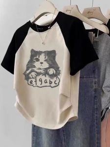 Summer Cotton Short Sleeve T-Shirt for Girls Shoulder Insert Design Half Sleeve Cartoon Print Kids Clothing Childrens Top