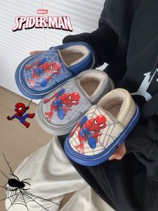 Warm Fleece Lined Spiderman Slippers for Boys Home Cotton Shoes Anti Slip Waterproof Winter Booties Cartoon Korean Style Flat Bottom