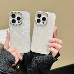 CrashStar Fashion Laser Colorful Shell Pattern Hard Shockproof Phone Case For iPhone 15 14 Pro Max 13 12 11 Pro Max Simple White Phone Casing Cover Shell With Plating Camera Protective Ring Hot Sale