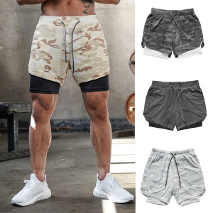 Mens Double Layer Fitness Shorts Drawstring Mesh Lining Elastic Waist Breathable Quick Dry Sportswear Jogger Short Male