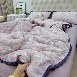 Romantic French Style Pure Cotton Double Layer Lace Bedding Set 4pcs Breathable Oxygen Fiber Soft Cotton Bed Linens for Girls