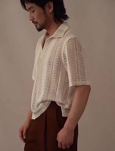HUILISHI Premium Quality Lace Polo for Men See Through Short Sleeve Cotton Yarn Fabric Loose Style