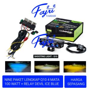 NINE SEPASANG LAMPU SOROT PAKET LENGKAP Q10 + RELAY 3 MODE Q10 DEVIL ICE BLUE LENS WARNA WHITE YELLOW UNTUK MOBIL DAN MOTOR
