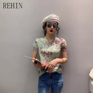 REHIN New Summer fashion mesh flowers floral printed short-sleeved T-shirt round-neck S-3XL Slim thin elegant trend blouse for women