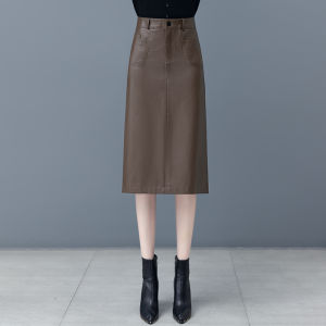 กระโปรงทรงเอเอวสูงผ้า PU สุดเก๋สำหรับผู้หญิง ฤดูใบไม้ร่วง 2025 กระโปรงทรงเอยาวปานกลาง ทรงเข้ารูป กระโปรงทรงเอแบบเปิดหน้า กระโปรงทรงเอแบบสวม