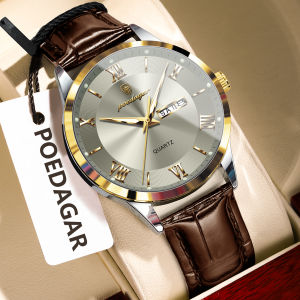 POEDAGAR Original Luxury Mens Wristwatch Leather Date Week Quartz Fashion Men Watch Waterproof Luminous Classic Watches For Man