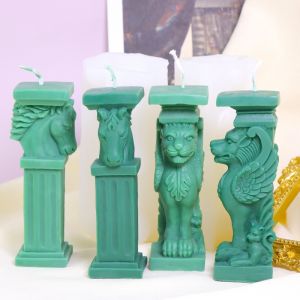 แม่พิมพ์เทียนซิลิโคนรูปเสาโรมันสิงโต 3 มิติ แม่พิมพ์เรซิ่นปูนปลาสเตอร์รูปหัวม้าเสาสัตว์ DIY อุปกรณ์ตกแต่งบ้าน