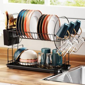 Dish Drying Rack - 2 Tier Small Dish Racks for Kitchen Counter with DrainboardMultifunctional Drainer for Kitchen Organization