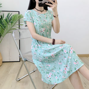 Zhou Jie Floral Cotton Silk Dress Summer New Style Mid-Length Womens Skirt with Pockets Artificial Cotton Gown Commute Simple High Waist