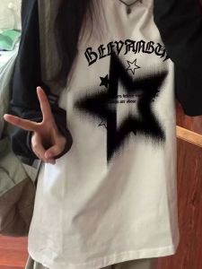 Retro American Color Block Pure Cotton Long Sleeve T-Shirt for Girls Middle School Students Early Autumn New Style Base Shirt Top