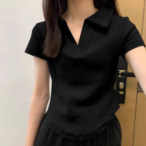เสื้อยืดคอโปโลแขนสั้นทรงสลิมฟิตสำหรับผู้หญิงในช่วงฤดูร้อน 100% คอตตอน สีดำ เสื้อแขนสั้น ทรงปกติ คอกลม แขนสั้น