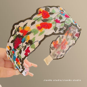 New Chinese Style Embroidered Flower Hollow Hairband Womens High Hairline Vintage Wide Edge Pressed Hair Card Headband Hair Accessories
