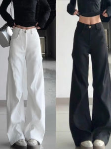 Quần Ống Đứng Màu Đen Dài Thường Ngày Cho Nữ Dáng Rộng Xếp Ly Quần Dài Phong Cách Mỹ Thiết Kế Đơn Giản Cạp Cao