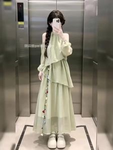 PEIZIXUAN | Đầm Dài Chiffon Xanh Lá Độc Đáo
