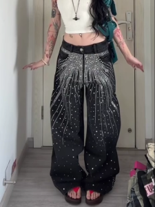 Heavy Duty Trendy Brand Starry Night Rhinestone Washed out Straight Leg Knife Edge American Style Streetwear Jeans High Waist Long Pants