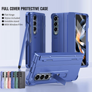 เคสบานพับพร้อมปากกาสำหรับ Samsung Galaxy Z Fold 5 4 3 6คลุมทั้งหมดชิ้น + เคสใส่โทรศัพท์กันกระแทกเคสมีฐานขาตั้งกระจกเทมเปอร์