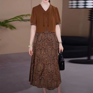 Elegant V-Neck Midi Dress Summer Collection High Waist Pocket Detail Mommy Dress Chic A-Line Skirt Short Sleeve OL Style