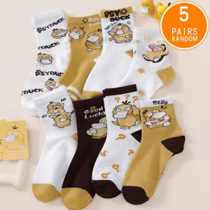 Bandai | 5 Pairs of Random Pokémon Anime Printed Womens Cotton Round Neck Socks Neutral Casual Cute Duck Pattern Low Cut Short Socks