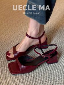 UECLE MA | Leather Stylish French Design Sandals Coarse Heel Ankle Strap Open Toe