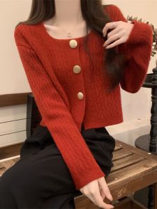 Retro Red New Year Atmosphere Knitted Sweater Coat Women Spring Autumn Square Collar Short French Style Warm Top Outerwear