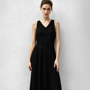 AMII | V-neck Lace Spliced Linen Dress