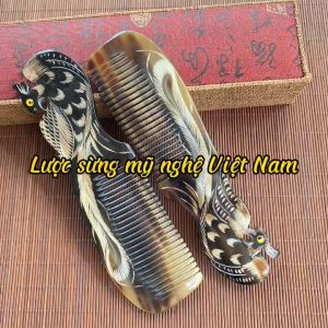 Lược sừng chạm Phượng Hoàng 2 mặt (size: M-18cm) Mỹ nghệ Hà Phương