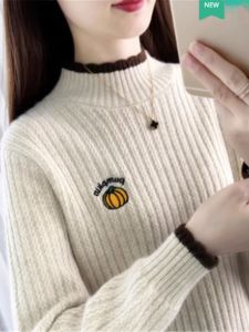 Thickened Embroidered Knitted Woolen Sweater Half High Collar for Little Girls Autumn Winter New Style Middle And High School Students