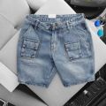 Quần Short Nam ống suông túi hộp jean cotton form ngắn trên gối Màu Xanh bụi. 