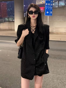 Heavy Workmanship Summer Fashion Set Womens High Waist Short Pants Two-Piece Suit Diamond Studded Jacket Short Sleeve Button