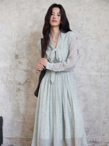 French Butterfly Knot Chiffon Shirt Dress Womens Autumn Waist Cinched Asymmetrical Long Dress Vintage Style A-Line Skirt