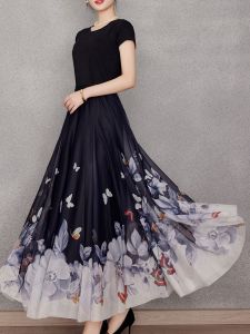 Mesh Gradient Skirt Performance Skirt 2024 Spring and Summer Digital Printed Long Dress Large Swing a Square Dance Elastic Waist