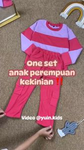 Setelan Crop Blaster Anak Oneset Stripe Multi Warna Mix Celana Cargo Sweatpant Katun Fleece