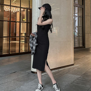 Summer Womens Cotton Casual Slimming Strap Dress Large Size Split Vest Long Black Dress Korean Style Fashionable Sunscreen Sleeve Covers