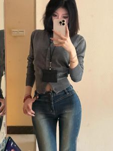 เสื้อสเวตเตอร์คาร์ดิแกนถักแขนยาวสีเทา ทรงสลิมฟิต เอวเข้ารูป ทรงสั้น สไตล์เกาหลี สำหรับผู้หญิง ฤดูใบไม้ร่วง/ฤดูหนาว