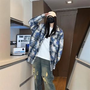 American Style Mens Long Sleeve Shirt Pineapple Pattern Tie Dye Plaid Spring Autumn High Quality Couple Match All-Match Outerwear