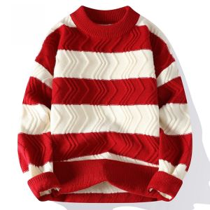 ROMON | Romon Mens Knitted Sweater Winter Collection Red Round Neck Tassel Fashionable City Style Long Sleeve Casual Loose Fit