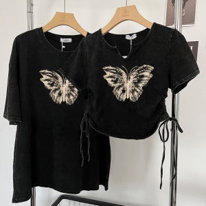 Washed Vintage American Short Sleeve T-Shirt Women Summer Loose Hong Kong Style Chic Top Ins Thickened round Neck Printed Cartoon Geometric Letter T-Shirt