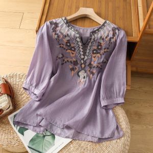 Ethnic Embroidered Loose Womens Shirt Half Sleeve Cotton Linen Slimming Summer New Style Vintage Loose Fit Belly Covering Top