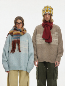 JNXS | Áo Sweater Cổ Tròn Có Thêu Sọc Ngang Phong Cách Mỹ Cổ Điển