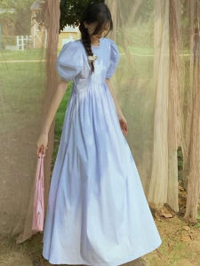 Váy Công Chúa Dài Đến Sàn Tay Đèn Lồng Cổ Tròn Mùa Hè Mới Cho Nữ Váy Chữ a Mùa Xuân Hè Phong Cách Ngọt Ngào Cho Bé Gái